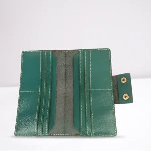 Green premium long leather wallet